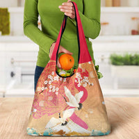 Hawaiian and Japanese Culture Together Grocery Bag Kakau Art Tattoo with Cranes and Sakura Spring Vibe - Polynesian Pride