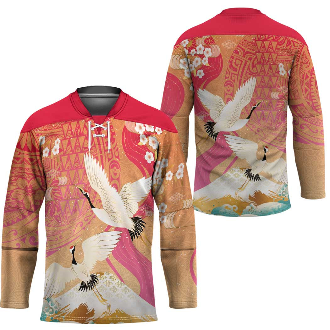 Hawaiian and Japanese Culture Together Hockey Jersey Kakau Art Tattoo with Cranes and Sakura Spring Vibe - Polynesian Pride