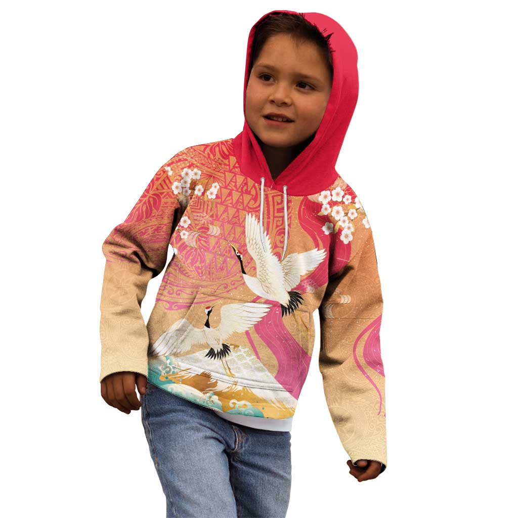 Hawaiian and Japanese Culture Together Kid Hoodie Kakau Art Tattoo with Cranes and Sakura Spring Vibe - Polynesian Pride