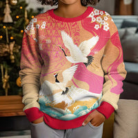 Hawaiian and Japanese Culture Together Kid Ugly Christmas Sweater Kakau Art Tattoo with Cranes and Sakura Spring Vibe - Polynesian Pride