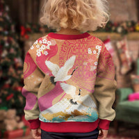 Hawaiian and Japanese Culture Together Kid Ugly Christmas Sweater Kakau Art Tattoo with Cranes and Sakura Spring Vibe - Polynesian Pride
