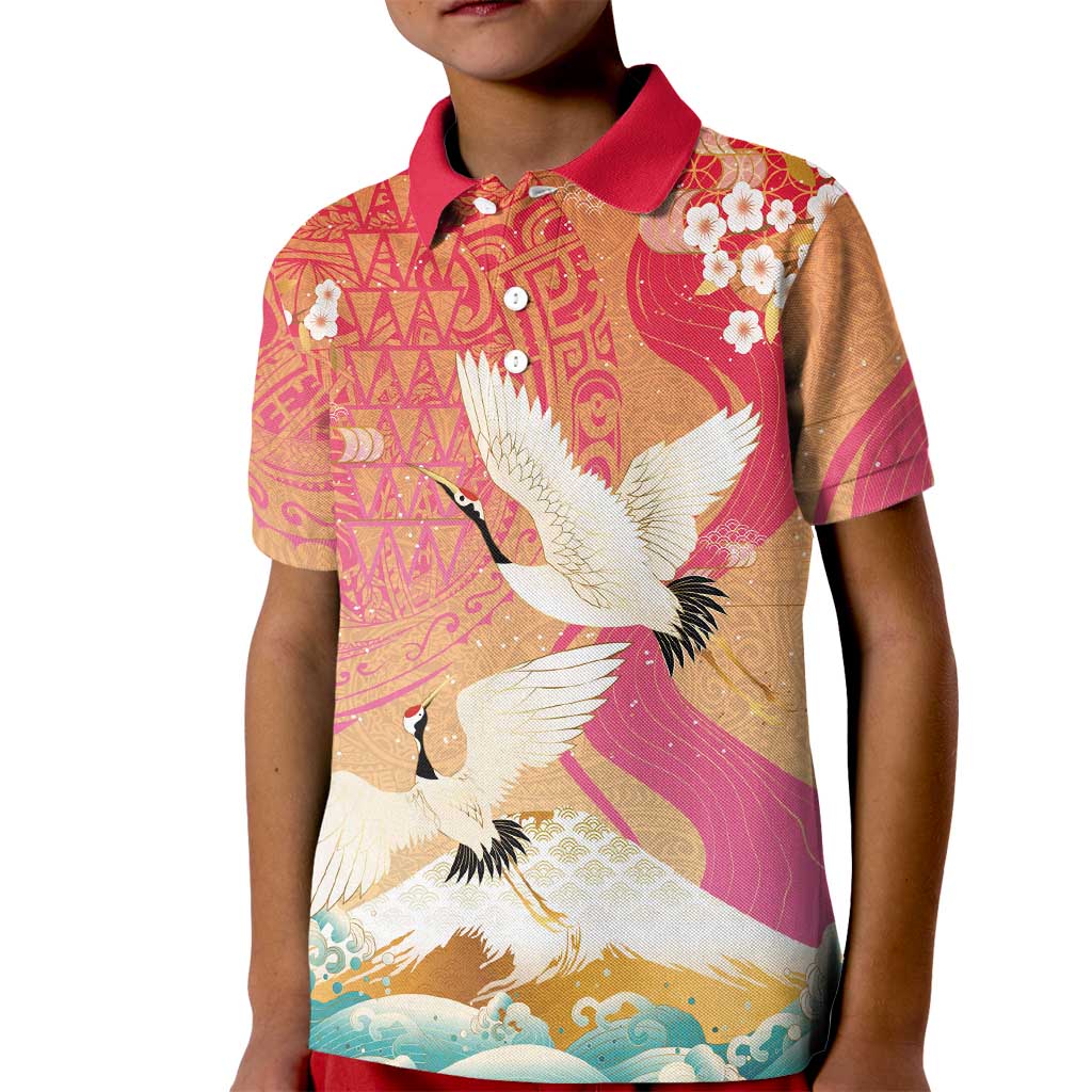 Hawaiian and Japanese Culture Together Kid Polo Shirt Kakau Art Tattoo with Cranes and Sakura Spring Vibe - Polynesian Pride