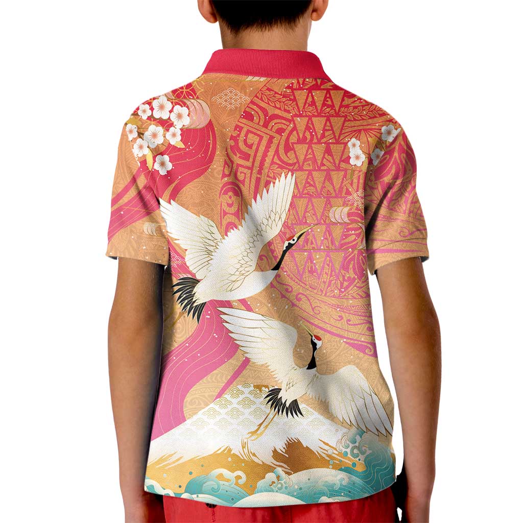 Hawaiian and Japanese Culture Together Kid Polo Shirt Kakau Art Tattoo with Cranes and Sakura Spring Vibe - Polynesian Pride