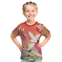 Hawaiian and Japanese Culture Together Kid T Shirt Kakau Art Tattoo with Cranes and Sakura Spring Vibe - Polynesian Pride