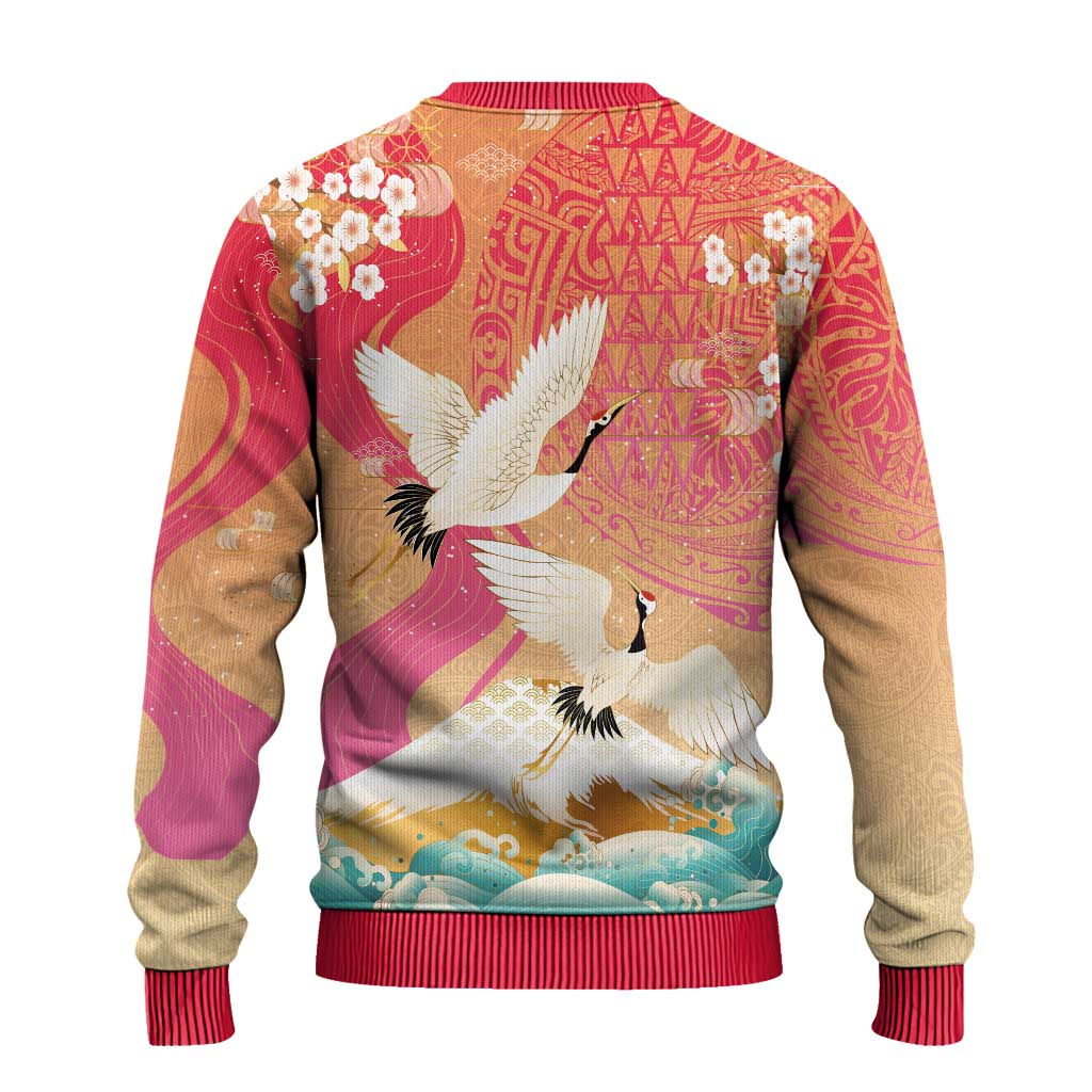 Hawaiian and Japanese Culture Together Ugly Christmas Sweater Kakau Art Tattoo with Cranes and Sakura Spring Vibe - Polynesian Pride