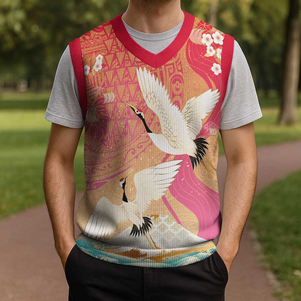 Hawaiian and Japanese Culture Together Christmas Knitted V-Neck Vest Kakau Art Tattoo with Cranes and Sakura Spring Vibe - Polynesian Pride