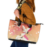 Hawaiian and Japanese Culture Together Leather Tote Bag Kakau Art Tattoo with Cranes and Sakura Spring Vibe - Polynesian Pride