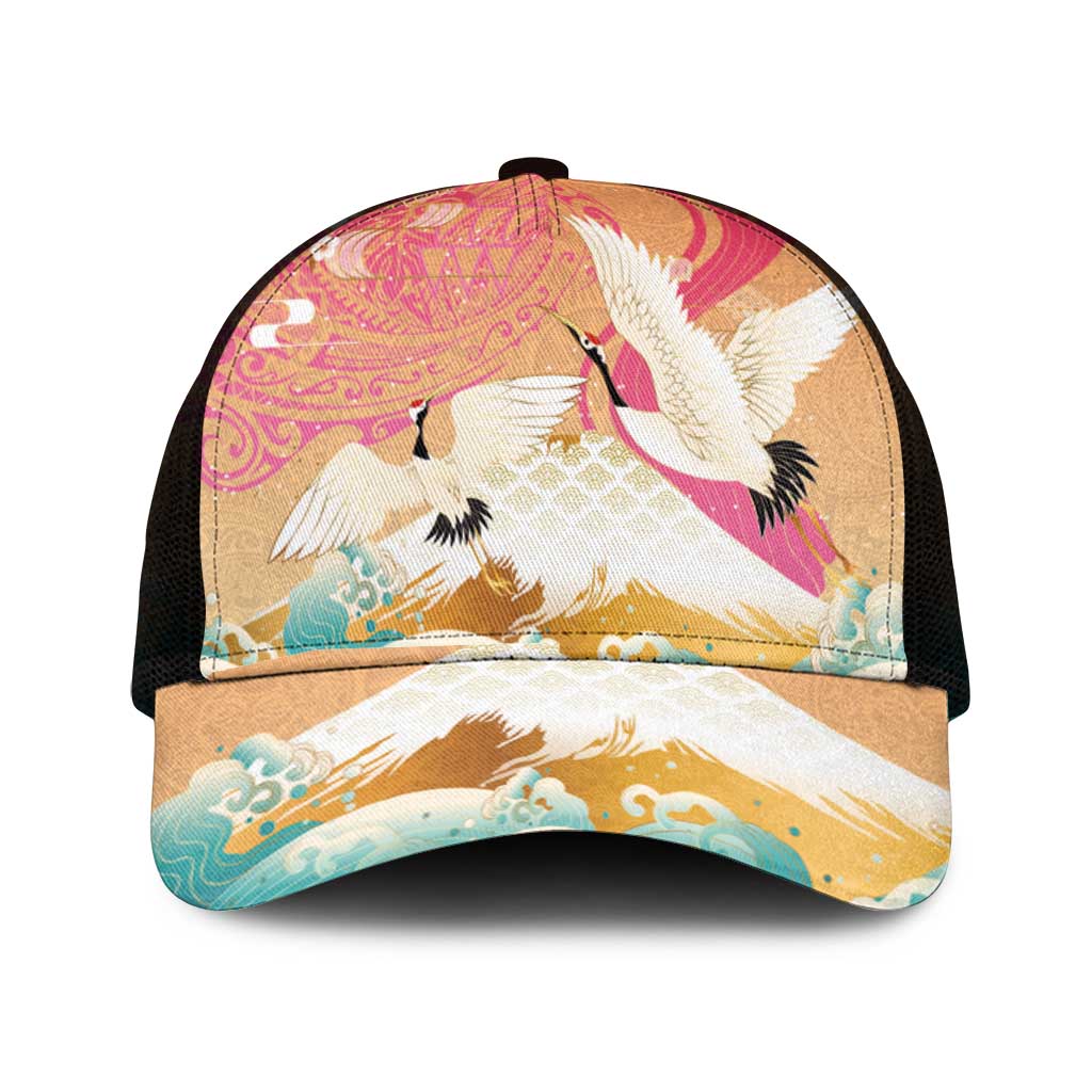 Hawaiian and Japanese Culture Together Mesh Trucker Cap Kakau Art Tattoo with Cranes and Sakura Spring Vibe - Polynesian Pride