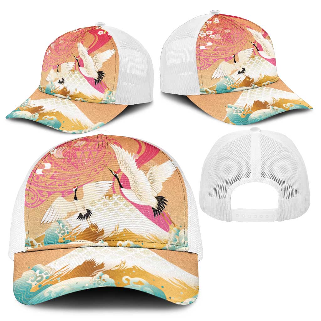 Hawaiian and Japanese Culture Together Mesh Trucker Cap Kakau Art Tattoo with Cranes and Sakura Spring Vibe - Polynesian Pride