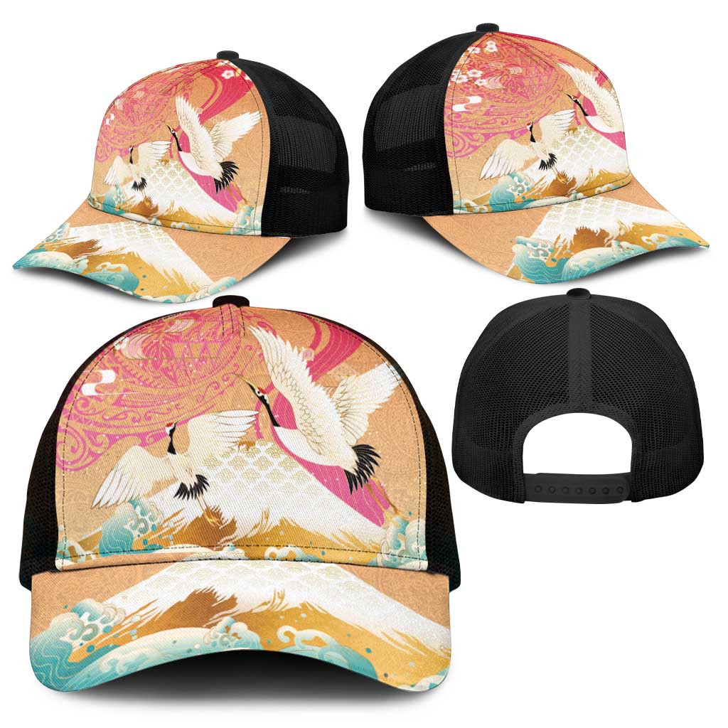 Hawaiian and Japanese Culture Together Mesh Trucker Cap Kakau Art Tattoo with Cranes and Sakura Spring Vibe - Polynesian Pride