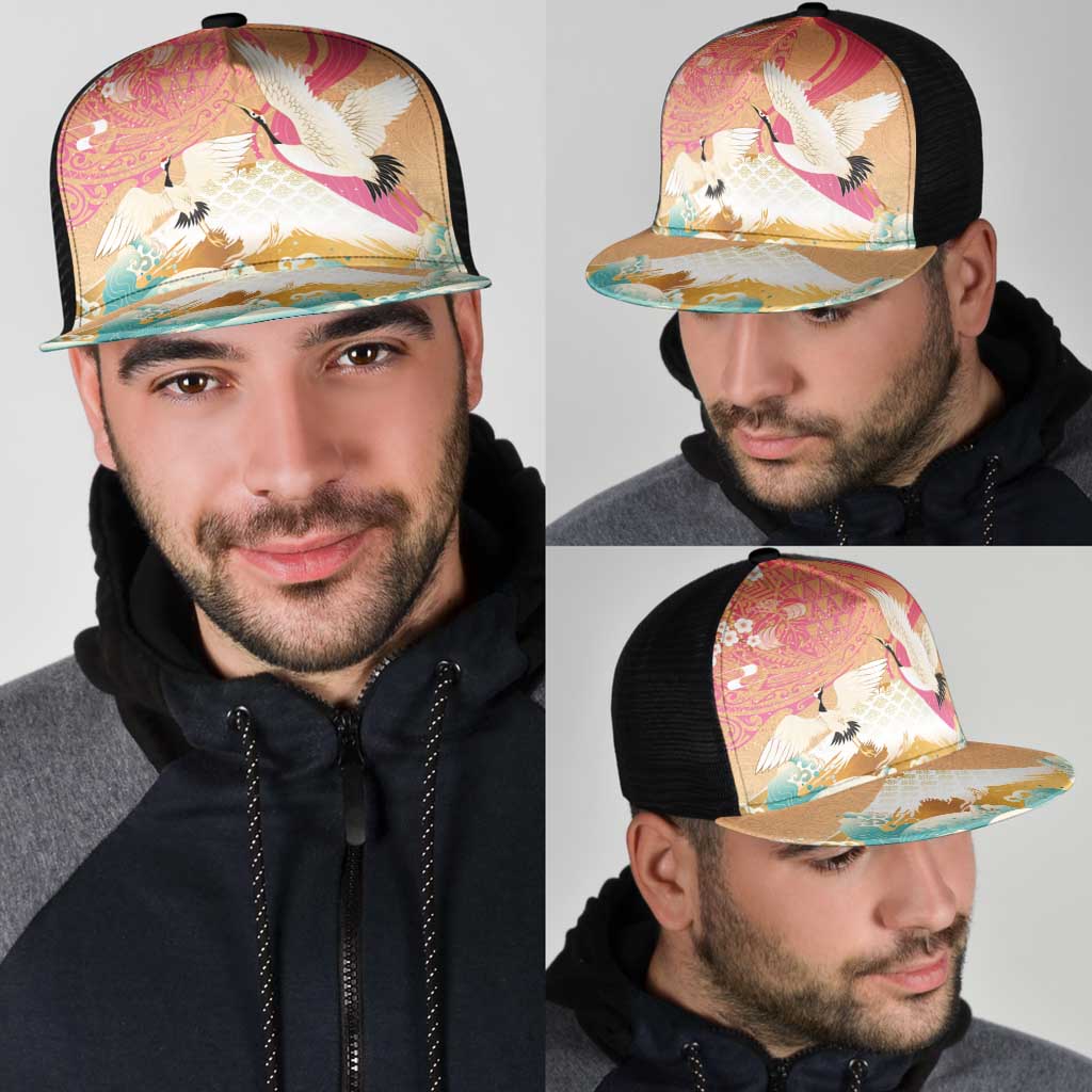 Hawaiian and Japanese Culture Together Mesh Trucker Cap Kakau Art Tattoo with Cranes and Sakura Spring Vibe - Polynesian Pride