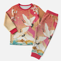 Hawaiian and Japanese Culture Together Christmas Pajama Set Kakau Art Tattoo with Cranes and Sakura Spring Vibe - Polynesian Pride