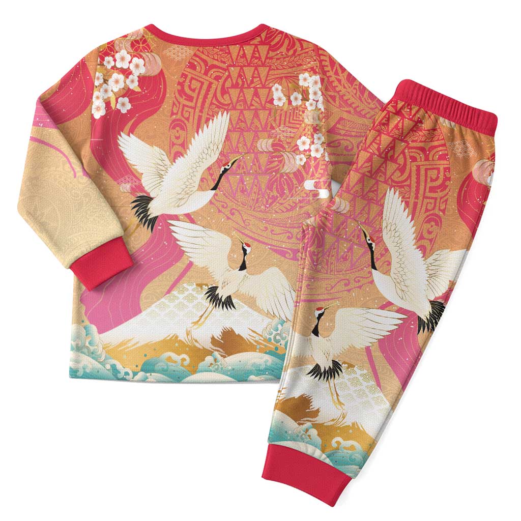 Hawaiian and Japanese Culture Together Christmas Pajama Set Kakau Art Tattoo with Cranes and Sakura Spring Vibe - Polynesian Pride
