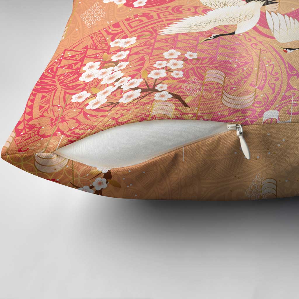 Hawaiian and Japanese Culture Together Pillow Cover Kakau Art Tattoo with Cranes and Sakura Spring Vibe - Polynesian Pride