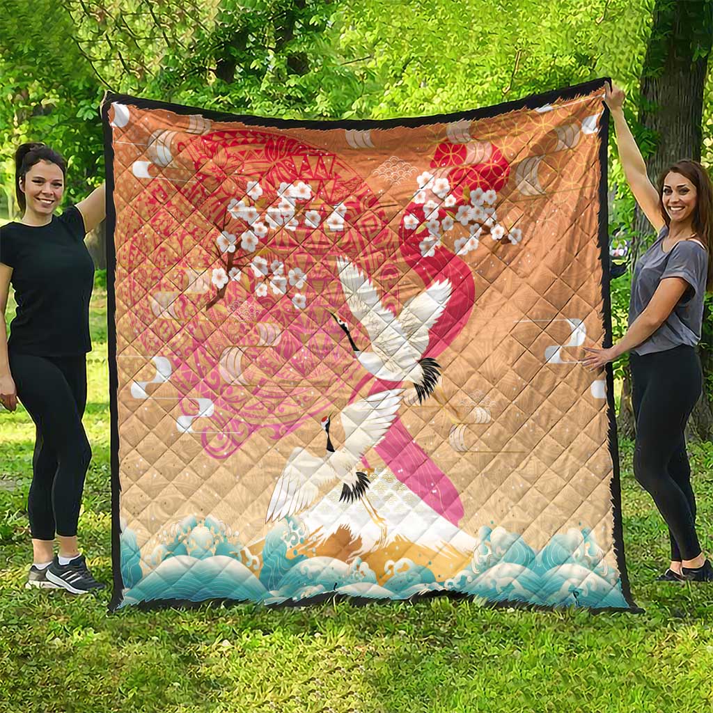 Hawaiian and Japanese Culture Together Quilt Kakau Art Tattoo with Cranes and Sakura Spring Vibe - Polynesian Pride