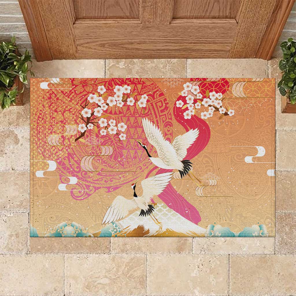 Hawaiian and Japanese Culture Together Rubber Doormat Kakau Art Tattoo with Cranes and Sakura Spring Vibe LT03 Multicolor - Polynesian Pride