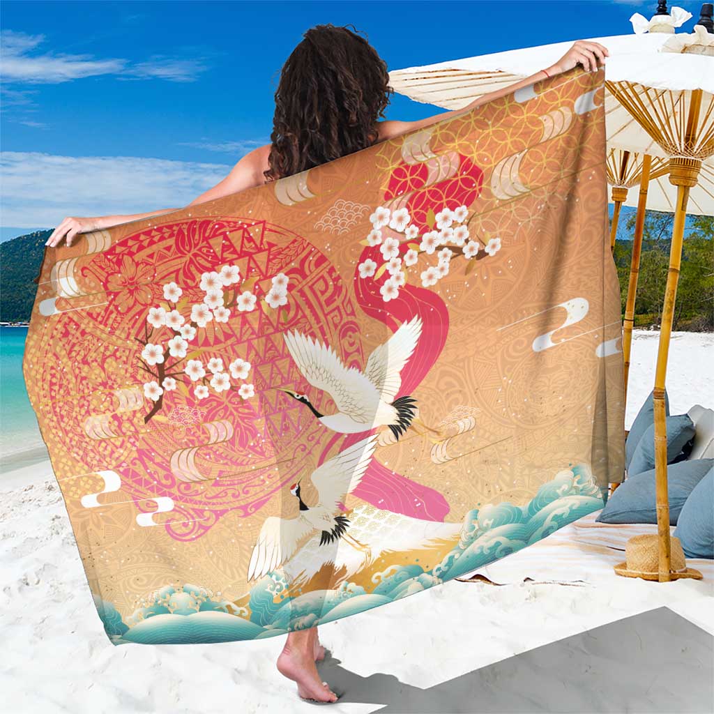 Hawaiian and Japanese Culture Together Sarong Kakau Art Tattoo with Cranes and Sakura Spring Vibe - Polynesian Pride