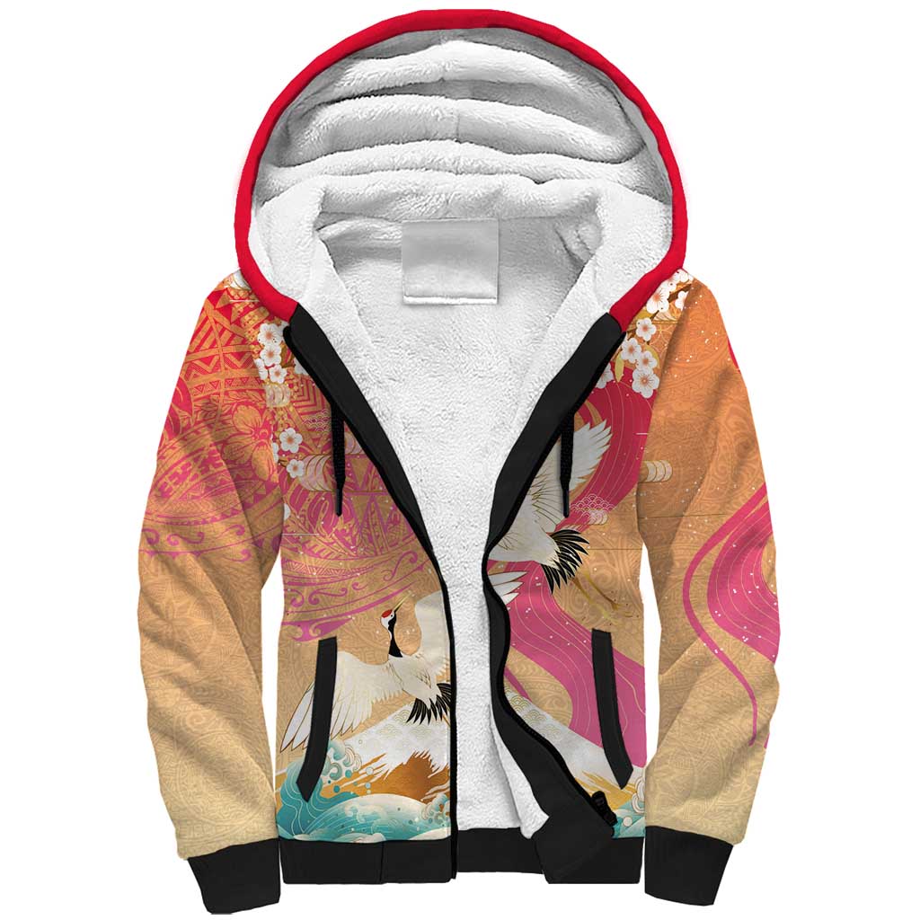 Hawaiian and Japanese Culture Together Sherpa Hoodie Kakau Art Tattoo with Cranes and Sakura Spring Vibe - Polynesian Pride