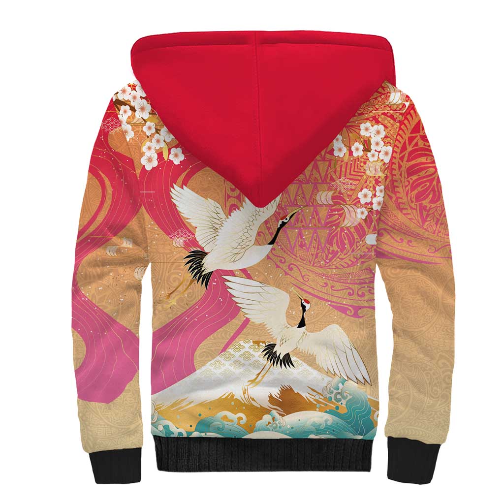 Hawaiian and Japanese Culture Together Sherpa Hoodie Kakau Art Tattoo with Cranes and Sakura Spring Vibe - Polynesian Pride