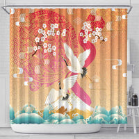 Hawaiian and Japanese Culture Together Shower Curtain Kakau Art Tattoo with Cranes and Sakura Spring Vibe - Polynesian Pride