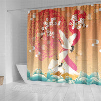 Hawaiian and Japanese Culture Together Shower Curtain Kakau Art Tattoo with Cranes and Sakura Spring Vibe - Polynesian Pride