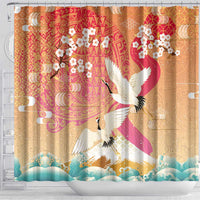 Hawaiian and Japanese Culture Together Shower Curtain Kakau Art Tattoo with Cranes and Sakura Spring Vibe - Polynesian Pride