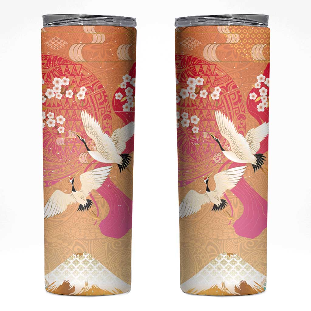 Hawaiian and Japanese Culture Together Skinny Tumbler Kakau Art Tattoo with Cranes and Sakura Spring Vibe - Polynesian Pride