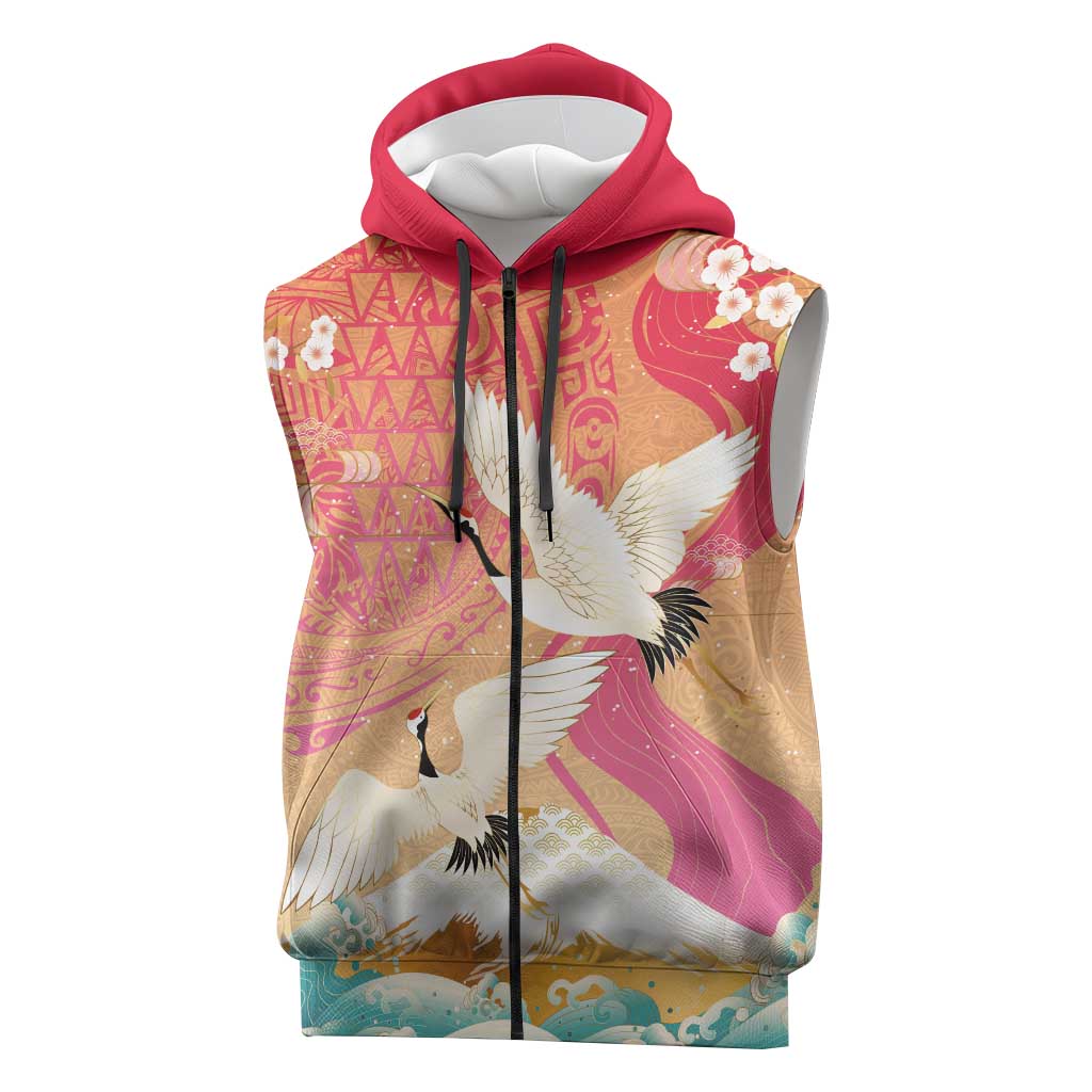 Hawaiian and Japanese Culture Together Sleeveless Zip Hoodie Kakau Art Tattoo with Cranes and Sakura Spring Vibe LT03 Multicolor - Polynesian Pride