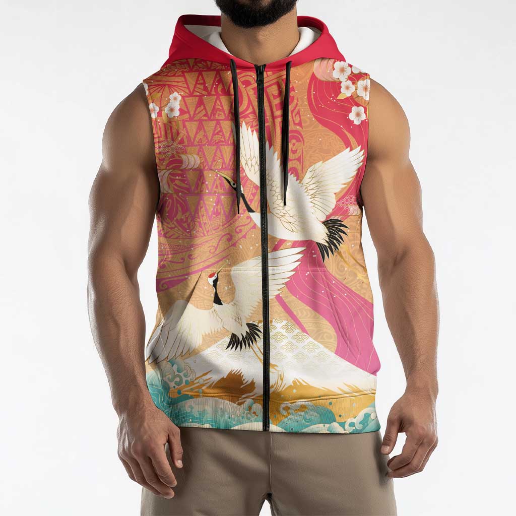 Hawaiian and Japanese Culture Together Sleeveless Zip Hoodie Kakau Art Tattoo with Cranes and Sakura Spring Vibe - Polynesian Pride