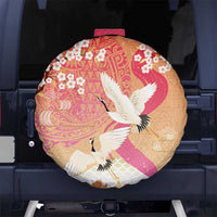 Hawaiian and Japanese Culture Together Spare Tire Cover Kakau Art Tattoo with Cranes and Sakura Spring Vibe - Polynesian Pride