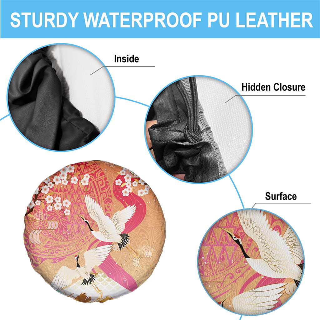 Hawaiian and Japanese Culture Together Spare Tire Cover Kakau Art Tattoo with Cranes and Sakura Spring Vibe - Polynesian Pride