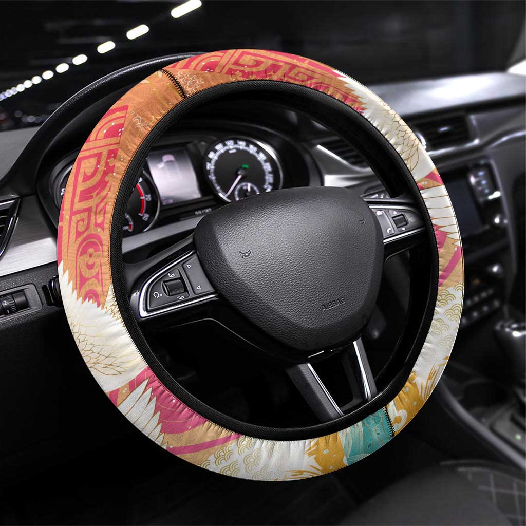 Hawaiian and Japanese Culture Together Steering Wheel Cover Kakau Art Tattoo with Cranes and Sakura Spring Vibe - Polynesian Pride