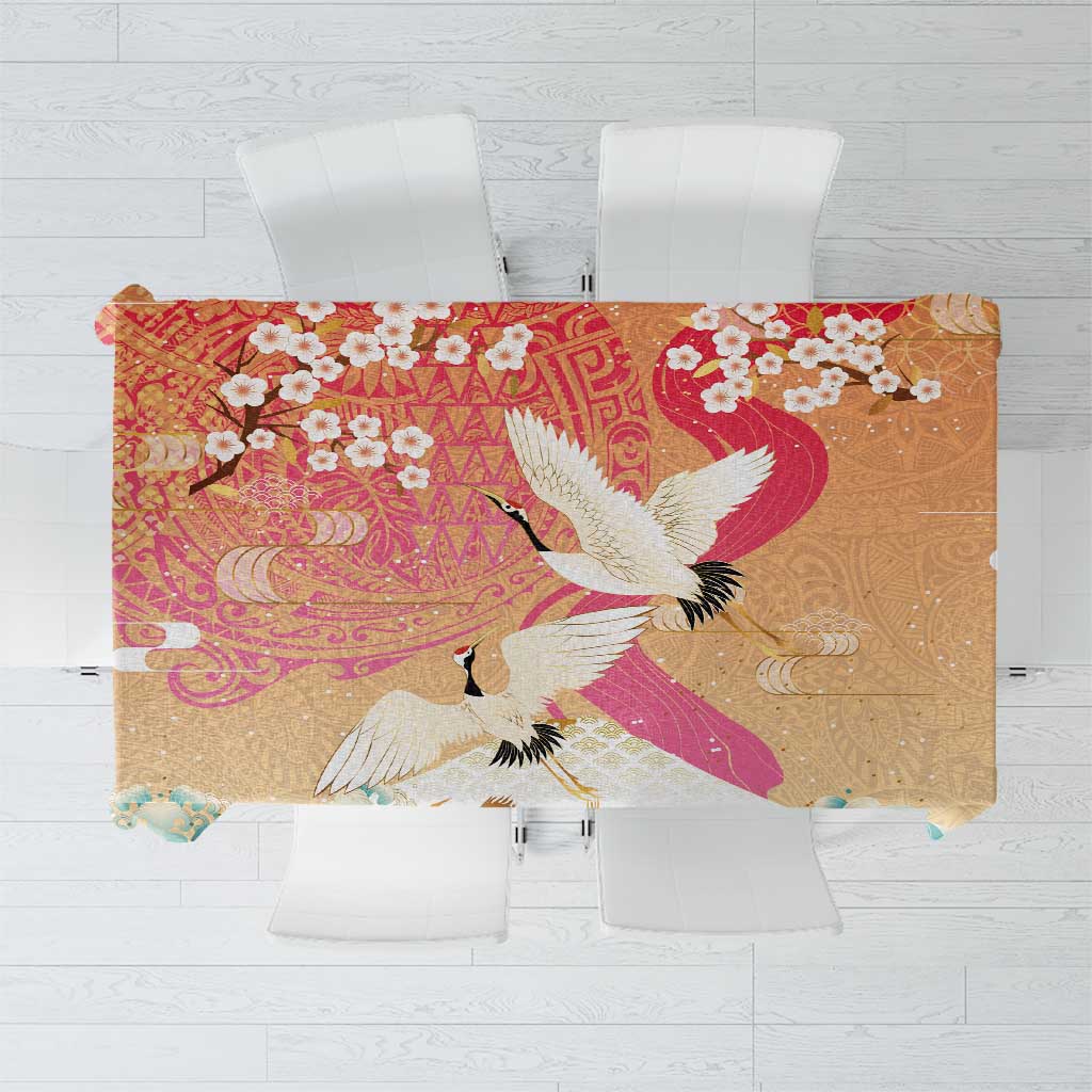 Hawaiian and Japanese Culture Together Tablecloth Kakau Art Tattoo with Cranes and Sakura Spring Vibe LT03 Multicolor - Polynesian Pride