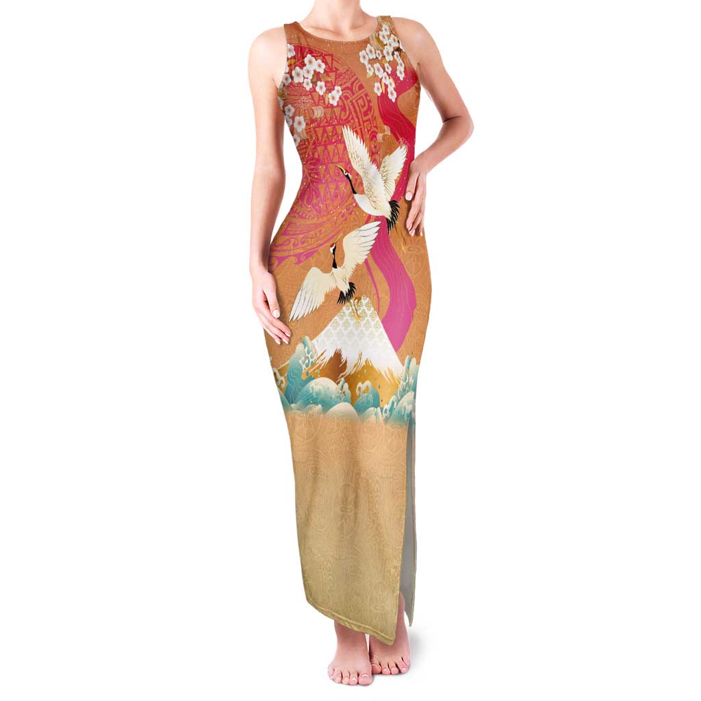 Hawaiian and Japanese Culture Together Tank Maxi Dress Kakau Art Tattoo with Cranes and Sakura Spring Vibe - Polynesian Pride