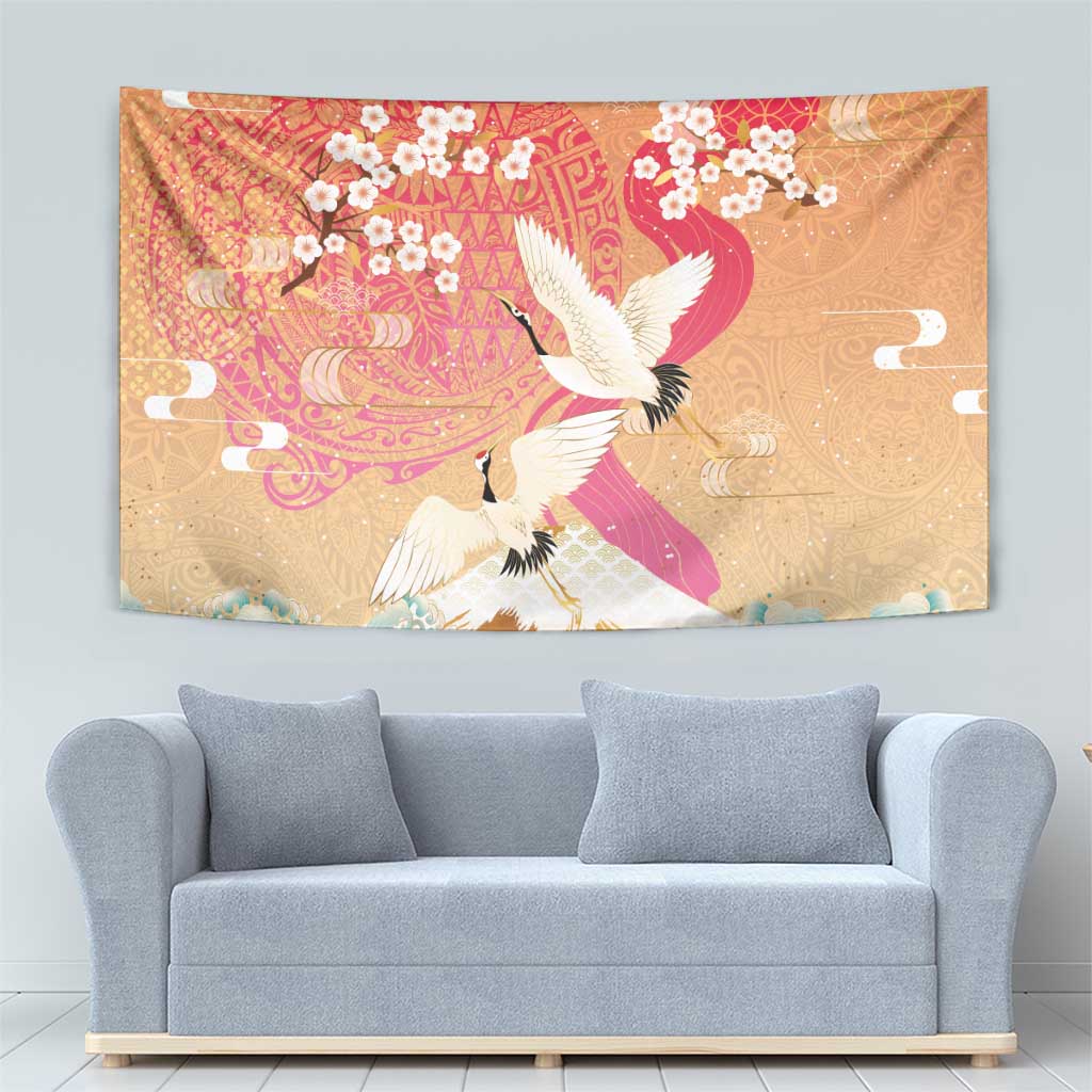 Hawaiian and Japanese Culture Together Tapestry Kakau Art Tattoo with Cranes and Sakura Spring Vibe - Polynesian Pride