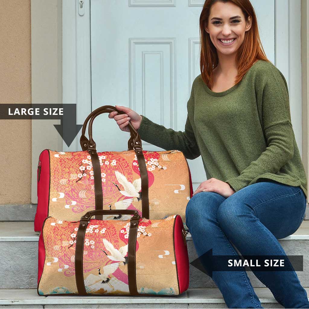 Hawaiian and Japanese Culture Together Travel Bag Kakau Art Tattoo with Cranes and Sakura Spring Vibe - Polynesian Pride