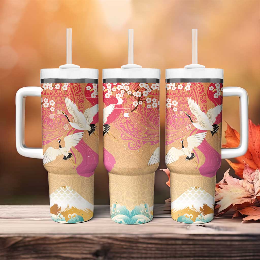 Hawaiian and Japanese Culture Together Tumbler With Handle Kakau Art Tattoo with Cranes and Sakura Spring Vibe - Polynesian Pride