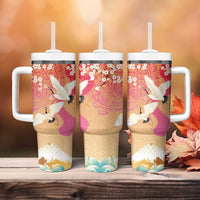 Hawaiian and Japanese Culture Together Tumbler With Handle Kakau Art Tattoo with Cranes and Sakura Spring Vibe - Polynesian Pride