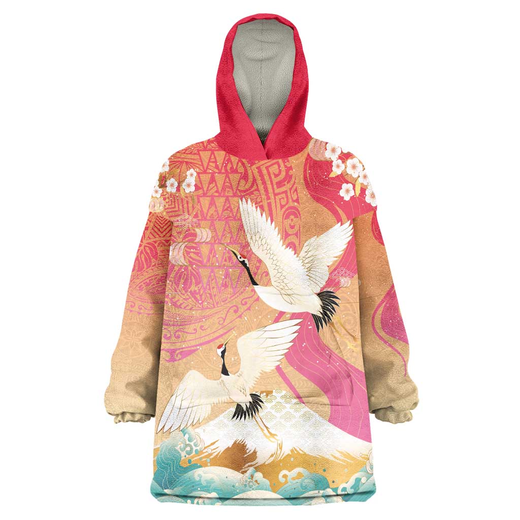 Hawaiian and Japanese Culture Together Wearable Blanket Hoodie Kakau Art Tattoo with Cranes and Sakura Spring Vibe - Polynesian Pride
