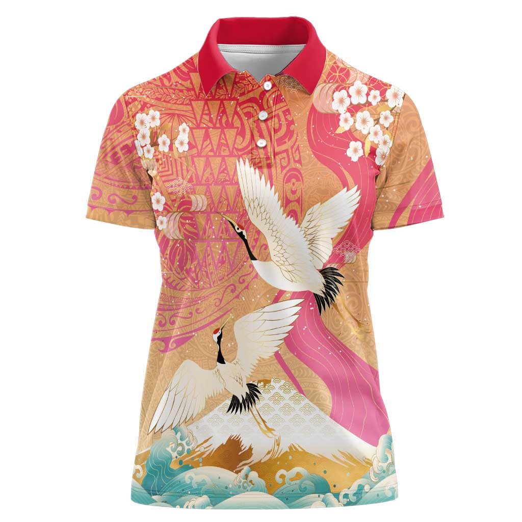 Hawaiian and Japanese Culture Together Women Polo Shirt Kakau Art Tattoo with Cranes and Sakura Spring Vibe - Polynesian Pride
