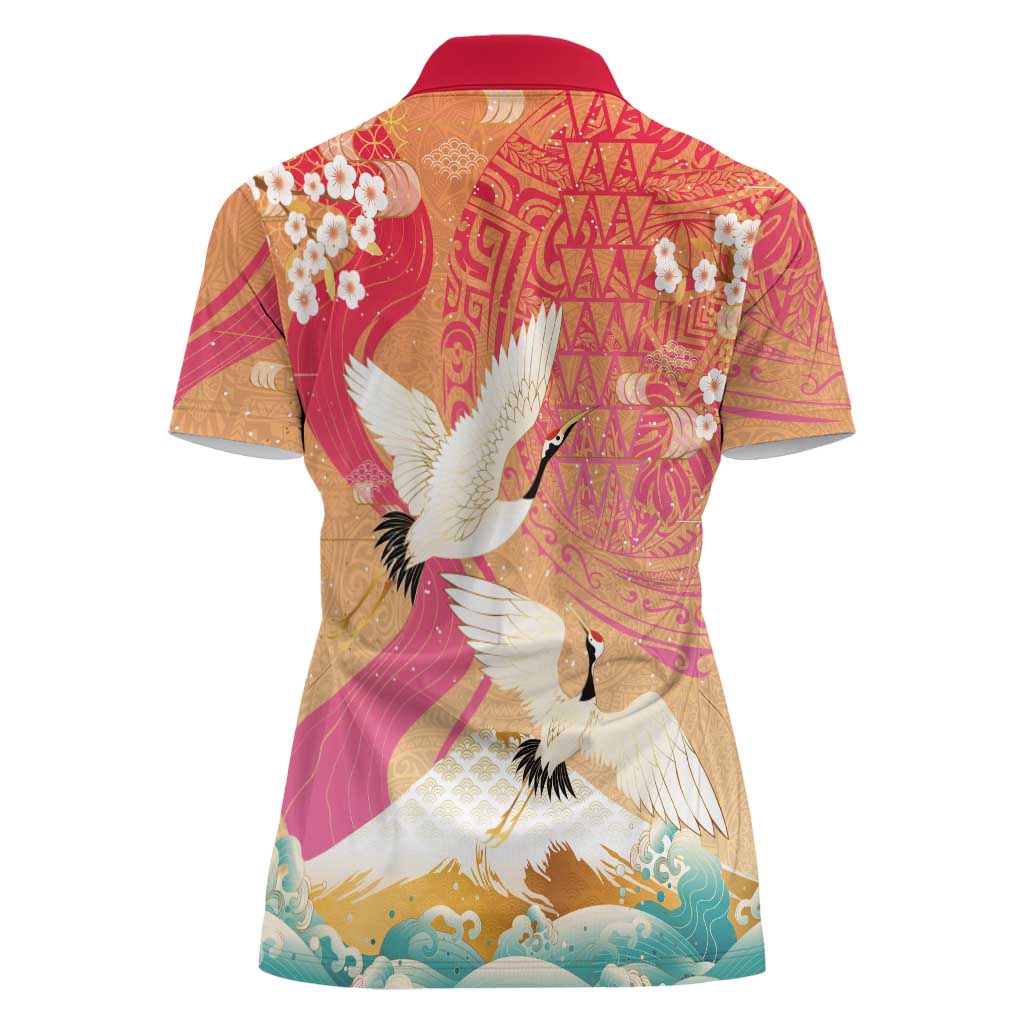 Hawaiian and Japanese Culture Together Women Polo Shirt Kakau Art Tattoo with Cranes and Sakura Spring Vibe - Polynesian Pride