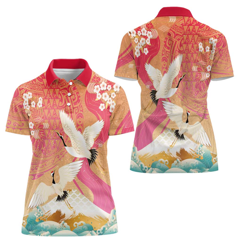 Hawaiian and Japanese Culture Together Women Polo Shirt Kakau Art Tattoo with Cranes and Sakura Spring Vibe - Polynesian Pride