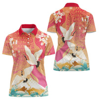 Hawaiian and Japanese Culture Together Women Polo Shirt Kakau Art Tattoo with Cranes and Sakura Spring Vibe - Polynesian Pride