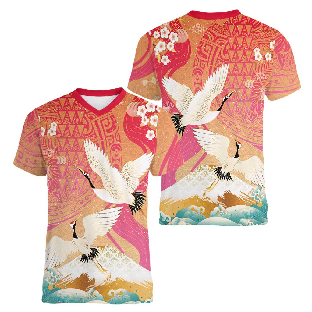 Hawaiian and Japanese Culture Together Women V-Neck T-Shirt Kakau Art Tattoo with Cranes and Sakura Spring Vibe - Polynesian Pride