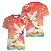 Hawaiian and Japanese Culture Together Women V-Neck T-Shirt Kakau Art Tattoo with Cranes and Sakura Spring Vibe - Polynesian Pride