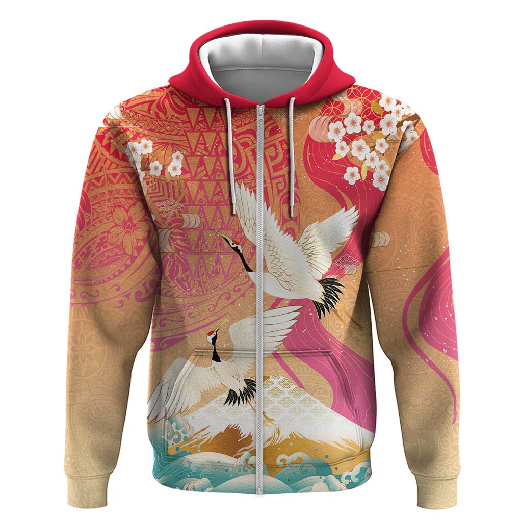 Hawaiian and Japanese Culture Together Zip Hoodie Kakau Art Tattoo with Cranes and Sakura Spring Vibe LT03 Zip Hoodie Multicolor - Polynesian Pride