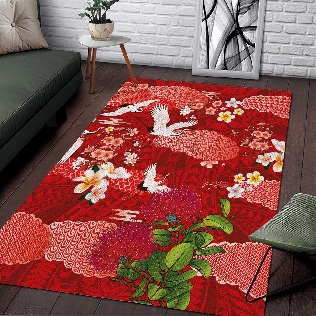 Hawaiian and Japanese Culture Together Area Rug Red Ohia Lehua Plumeria and Sakura Blooming - Polynesian Pride