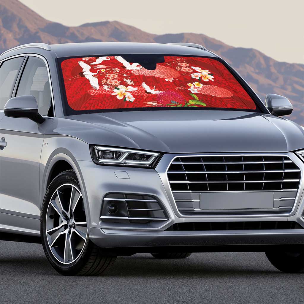Hawaiian and Japanese Culture Together Auto Sun Shade Red Ohia Lehua Plumeria and Sakura Blooming - Polynesian Pride