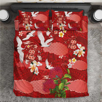 Hawaiian and Japanese Culture Together Bedding Set Red Ohia Lehua Plumeria and Sakura Blooming - Polynesian Pride