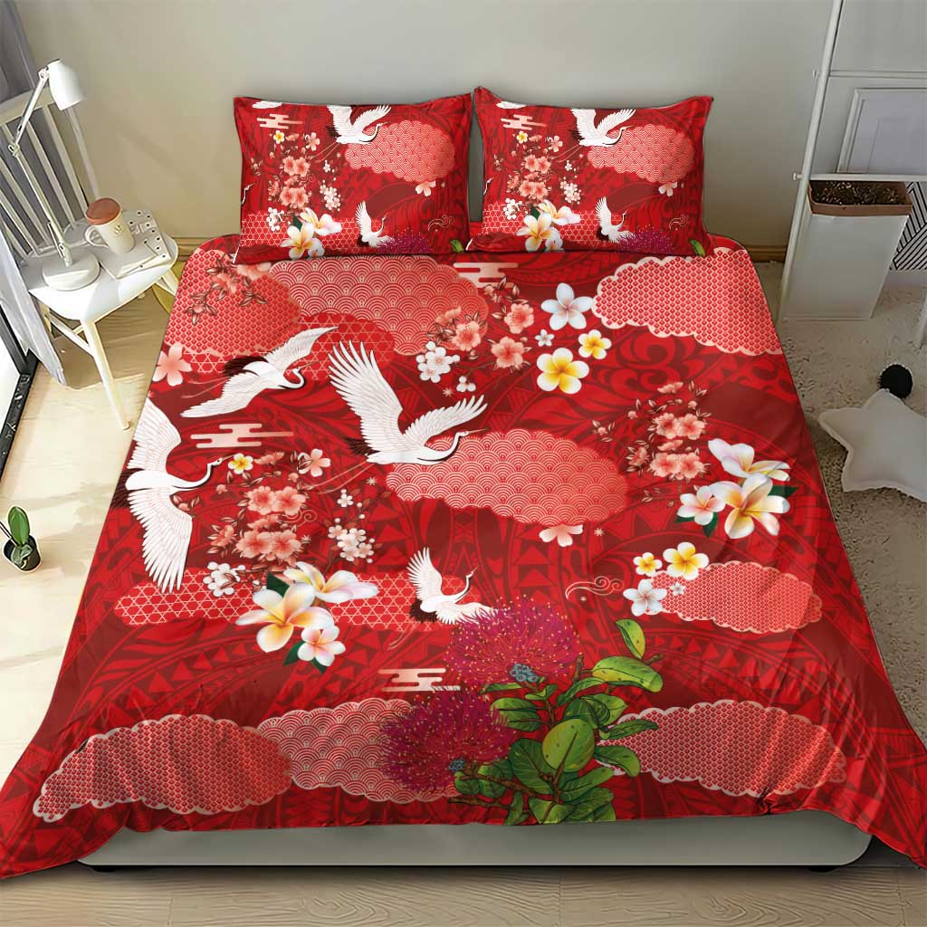 Hawaiian and Japanese Culture Together Bedding Set Red Ohia Lehua Plumeria and Sakura Blooming - Polynesian Pride